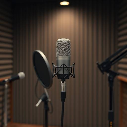 Microfono professionale per il doppiaggio in uno studio di registrazione insonorizzato